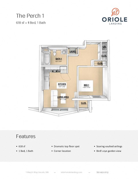1 bedroom 1 bathroom floor plan A at Oriole Landing, Lincoln, MA